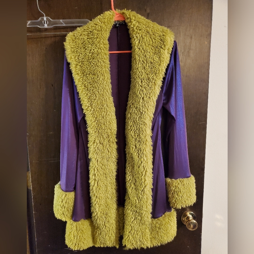 Dollskill Purple and Green Faux Fur Trimmed Long Cardigan